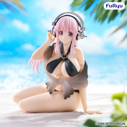 Super Sonico Swimsuit Black Color Ver Noodle Stopper figure with pink hair and headphones in seated pose