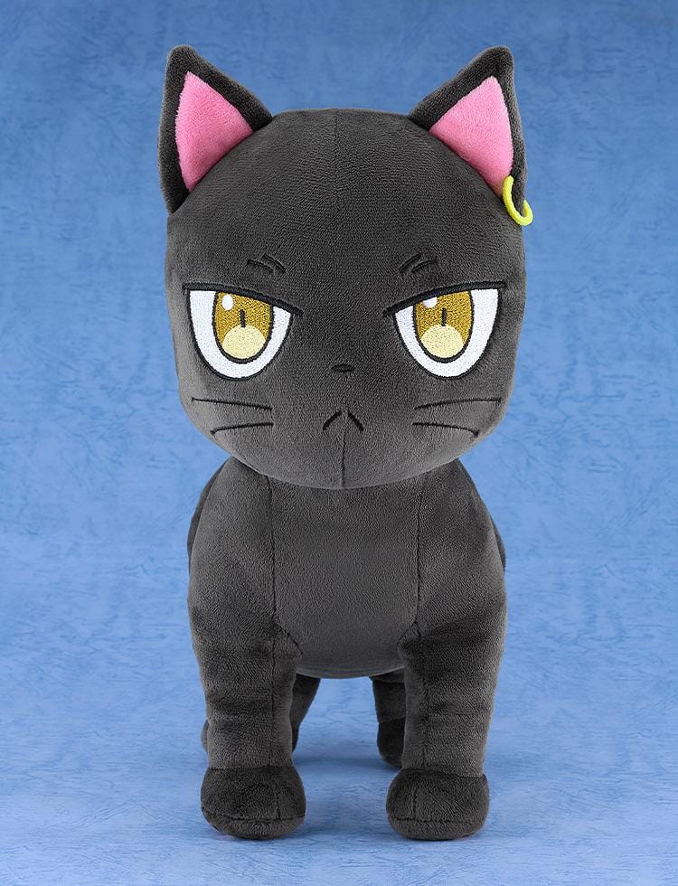 The Classroom of a Black Cat and a Witch Plushie Claude featuring Claude as a soft black cat plush with golden embroidered eyes, pink inner ears, and serious expression.