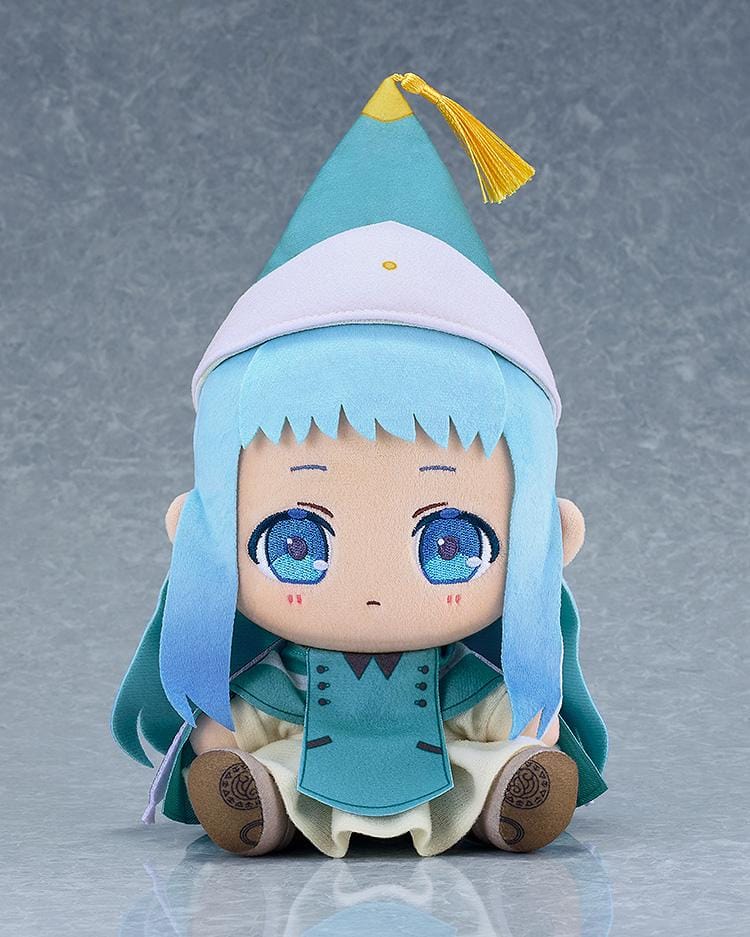 Witch Hat Atelier Richeh Chocopuni plushie with straight light blue hair, blue eyes, a teal-and-white pointed hat with a gold tassel, and a teal cape.