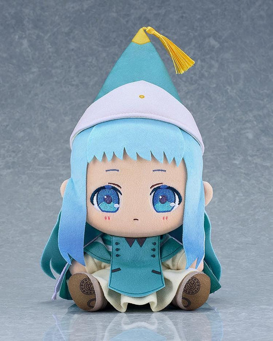 Witch Hat Atelier Richeh Chocopuni plushie with straight light blue hair, blue eyes, a teal-and-white pointed hat with a gold tassel, and a teal cape.