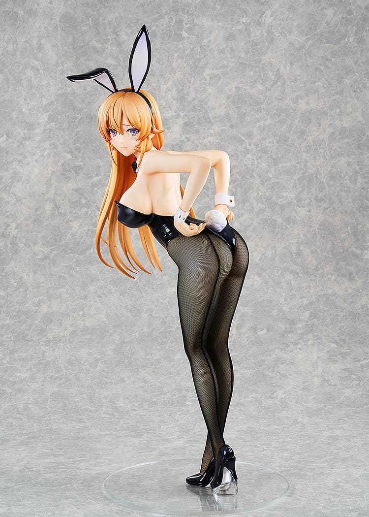 Erina Nakiri Bunny Ver. figure with long golden hair, purple eyes, black bunny ears and outfit, white cuffs, patterned tights, and black heels.