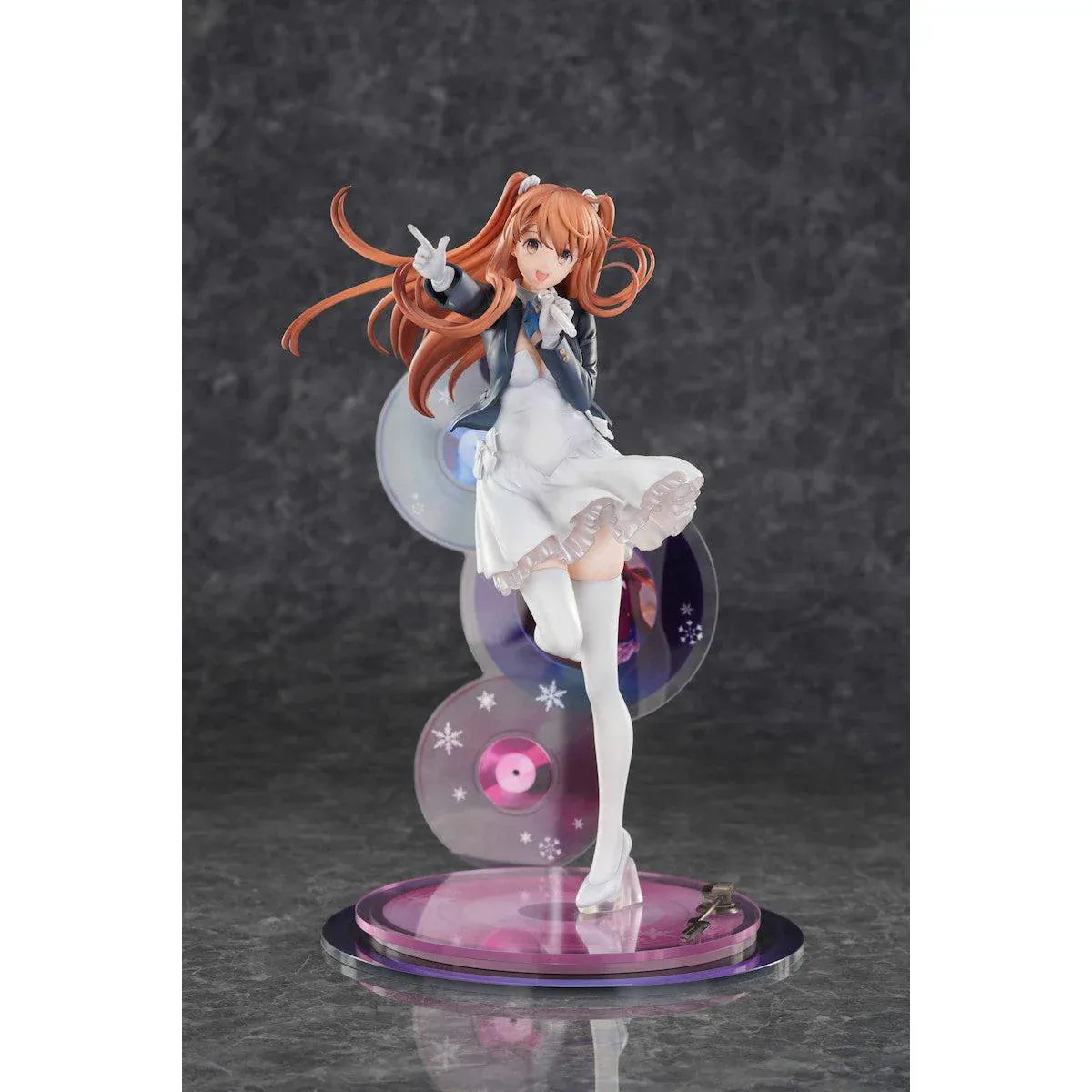White Album 2 Setsuna Ogiso Reunion 1/6 Scale Figure with white performance outfit, microphone pose, music-disc backdrop, and pink display base