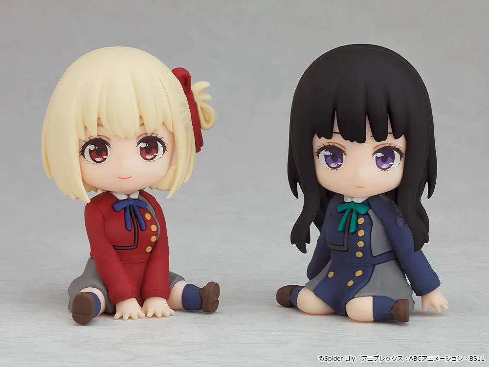 Lycoris Recoil Nendoroid Plus Chisato Nishikigi Rubber Mascot Figure with blonde hair, red uniform, and seated chibi pose
