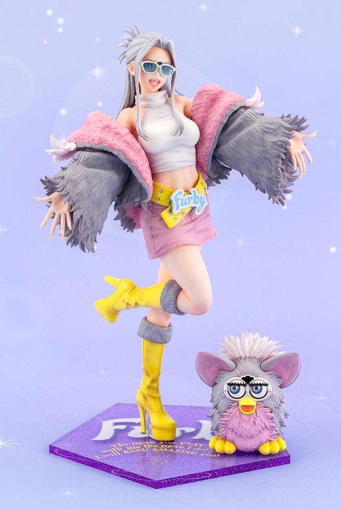Furby Bishoujo Figure with fashionable character in sunglasses, fuzzy jacket, yellow boots, Furby companion, and glittery display base