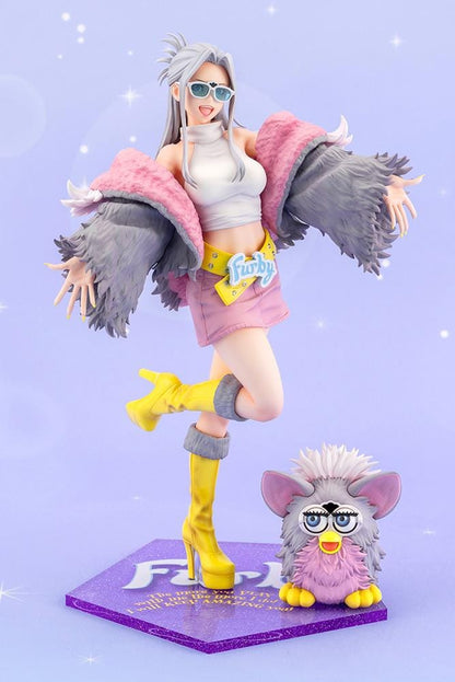 Furby Bishoujo Figure with fashionable character in sunglasses, fuzzy jacket, yellow boots, Furby companion, and glittery display base
