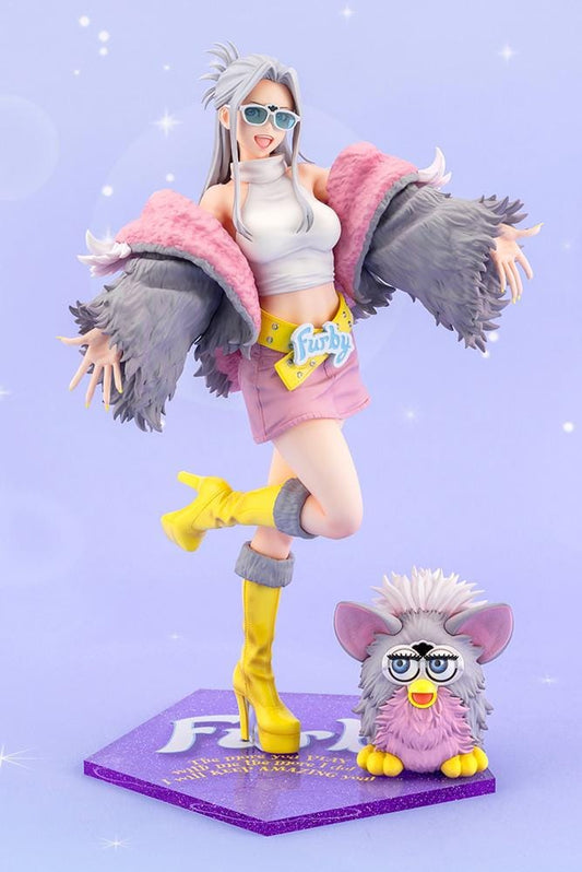 Furby Bishoujo Figure with fashionable character in sunglasses, fuzzy jacket, yellow boots, Furby companion, and glittery display base