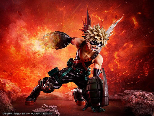 My Hero Academia Katsuki Bakugo (Metallic Ver.) 1/4 Scale Figure featuring Bakugo in an action pose with metallic armor, grenade gauntlets, and dynamic expression.