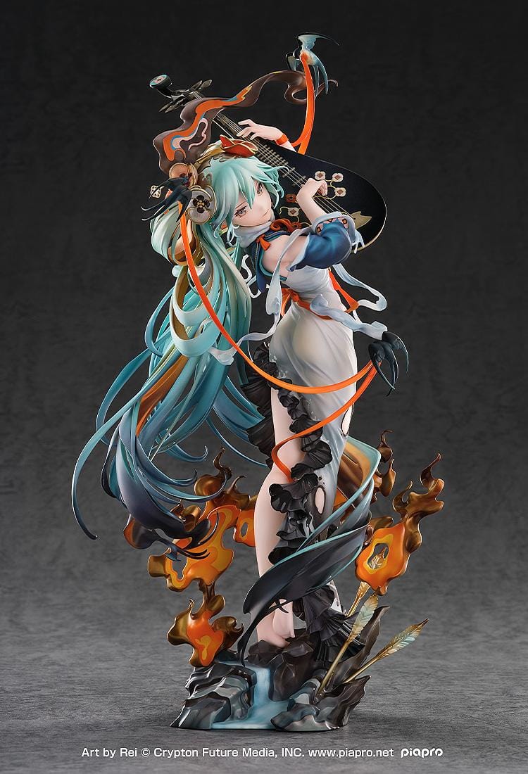 Hatsune Miku Shimian Maifu Ver. 1/7 scale figure featuring flowing turquoise hair, stringed instrument, orange ribbons, flame effects, and detailed fantasy outfit