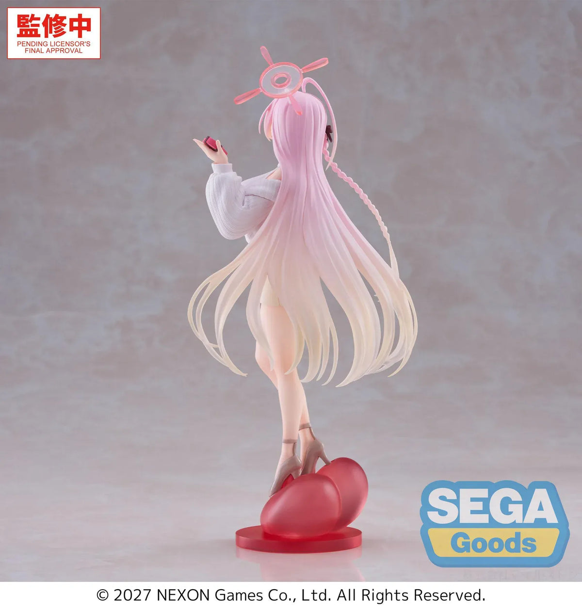 Blue Archive XStellar Hanako Happy Valentine figure holding a chocolate gift while standing on a red heart-shaped base