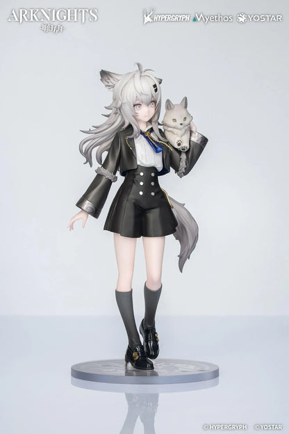 Arknights Rhodes Kids Series Lappland figure wearing a black-and-white uniform and holding a small wolf companion.