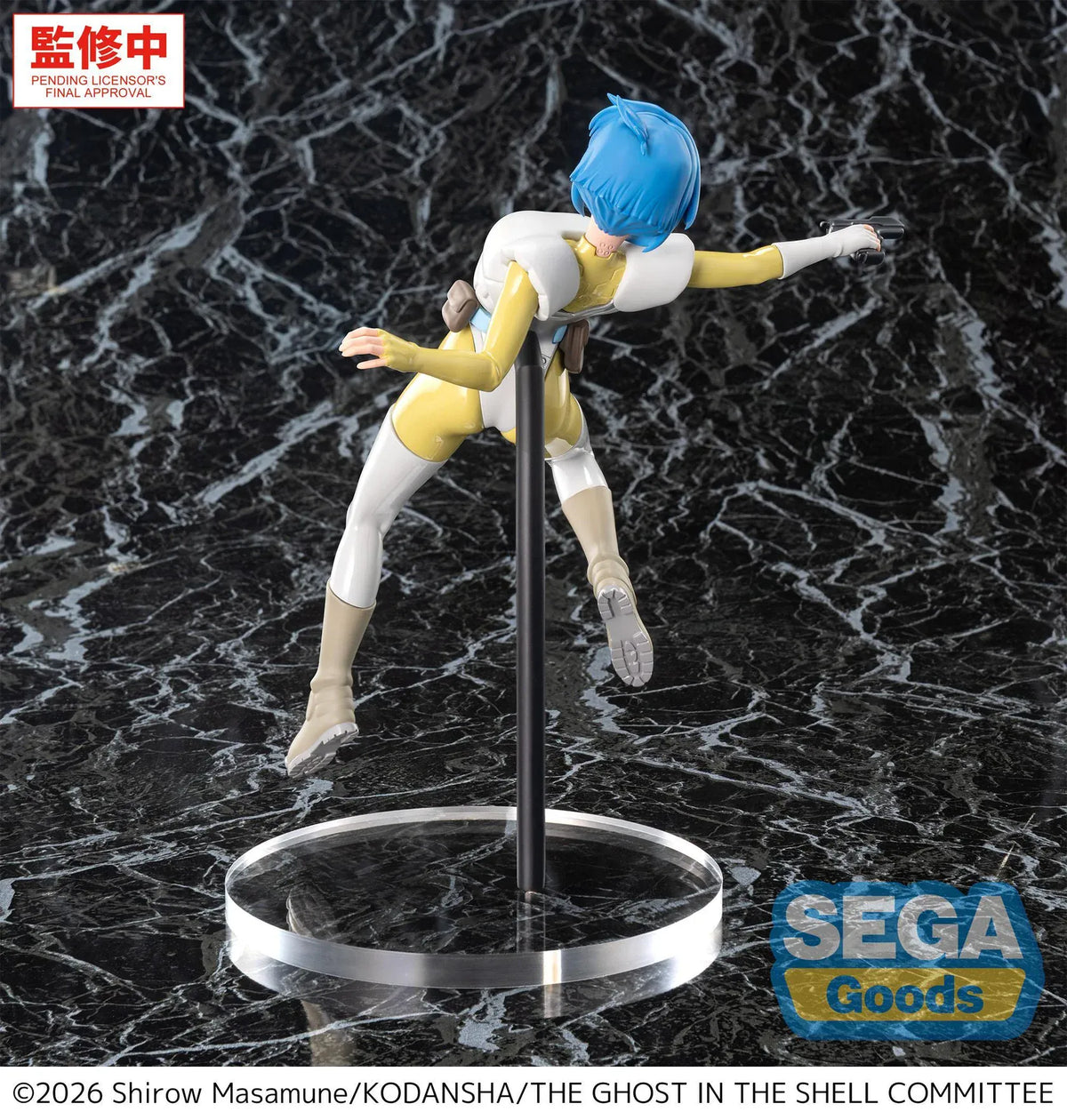 The Ghost in the Shell Luminasta Motoko Kusanagi figure aiming a pistol in a dynamic airborne pose