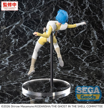 The Ghost in the Shell Luminasta Motoko Kusanagi figure aiming a pistol in a dynamic airborne pose