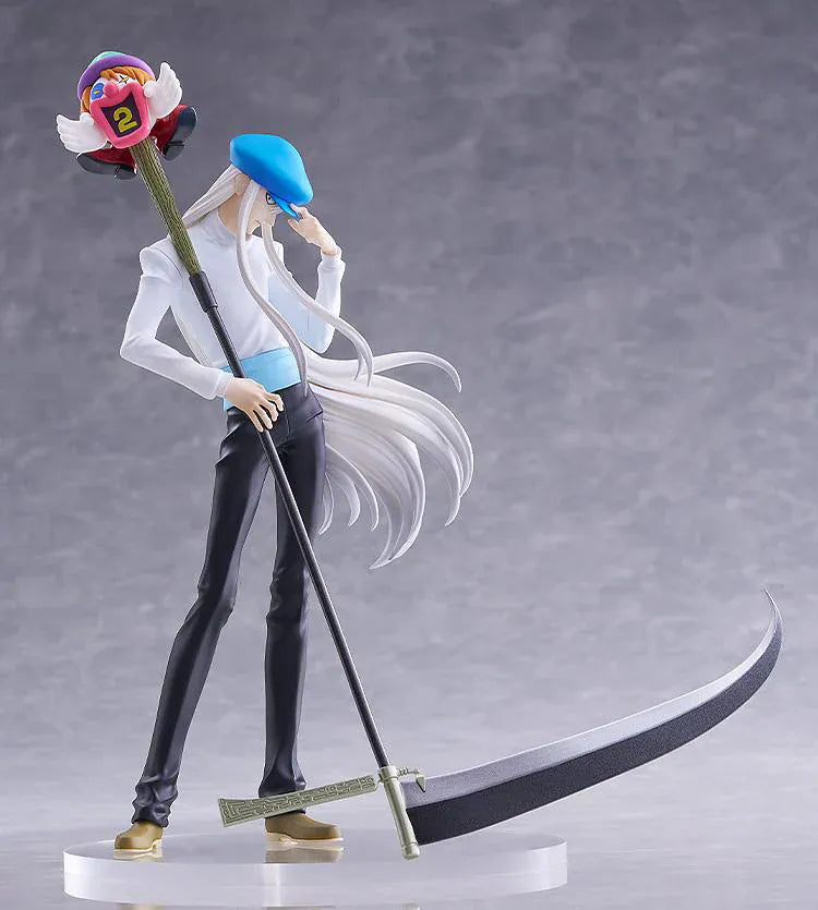 HUNTER x HUNTER POP UP PARADE Kcyytt Kite Figure featuring Kite with long silver hair, blue cap, white shirt, and large scythe weapon accessory.