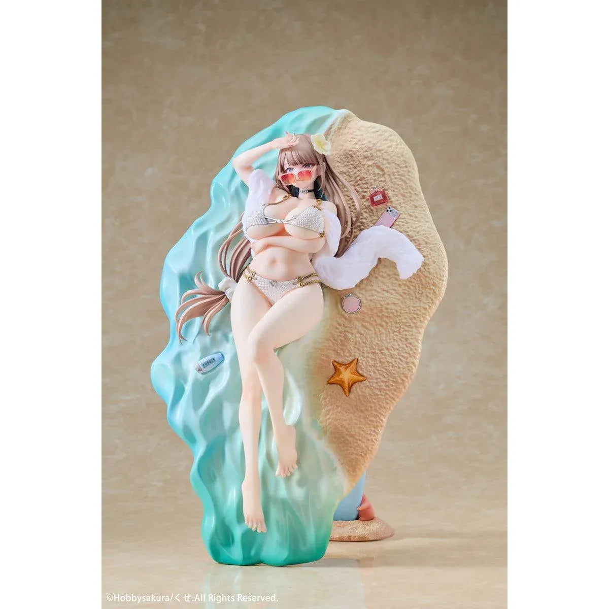 Asako Fuyuyama Summer Beach Date Deluxe Edition 1/6 Scale Figure featuring a brown-haired anime girl in a white bikini and orange sunglasses relaxing against a turquoise beach display, accompanied by a matching illustrated wall scroll.