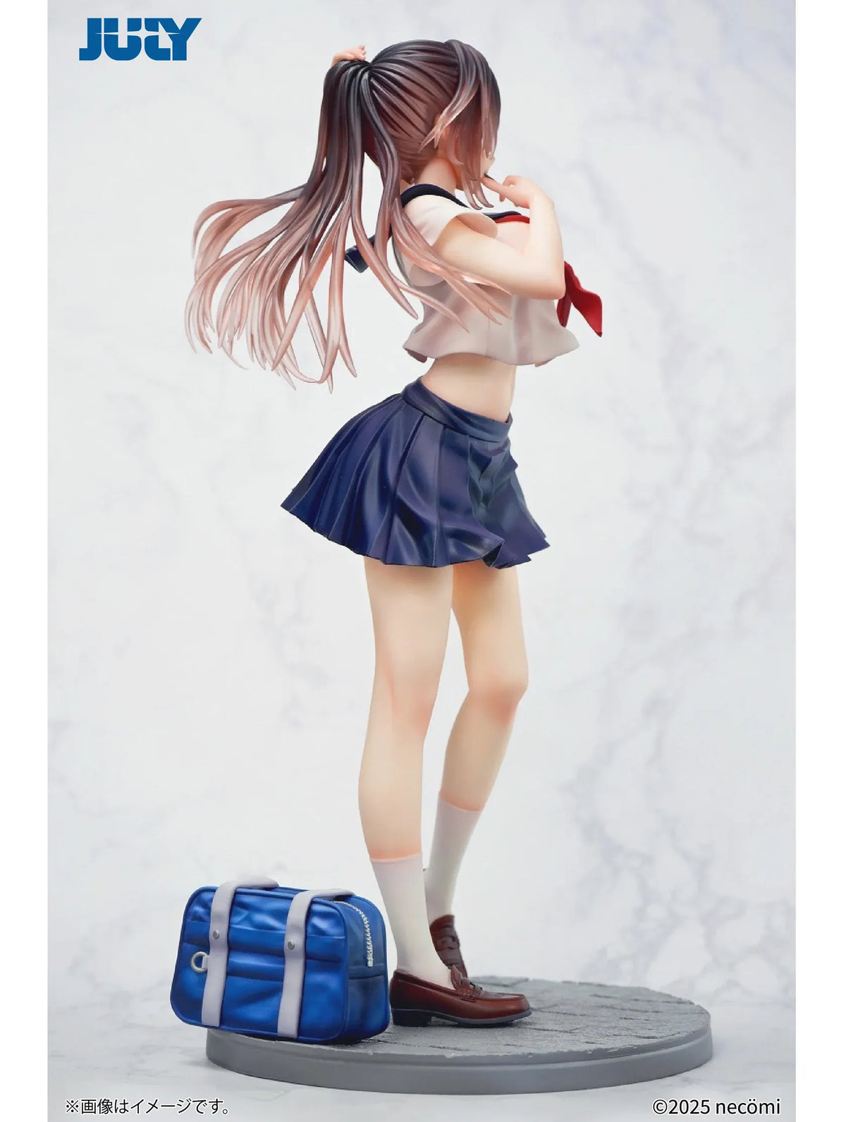 Summer Girl 1/6 Scale Figure featuring a brown-haired anime girl with purple eyes, a white sailor-style top, red necktie, navy-blue pleated skirt, and blue school bag.