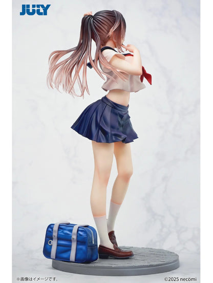 Summer Girl 1/6 Scale Figure featuring a brown-haired anime girl with purple eyes, a white sailor-style top, red necktie, navy-blue pleated skirt, and blue school bag.