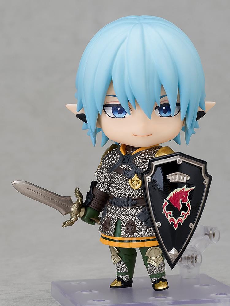 Final Fantasy XIV Nendoroid Haurchefant with pale blue hair, silver chainmail, a sword, and a black shield bearing a red unicorn emblem.