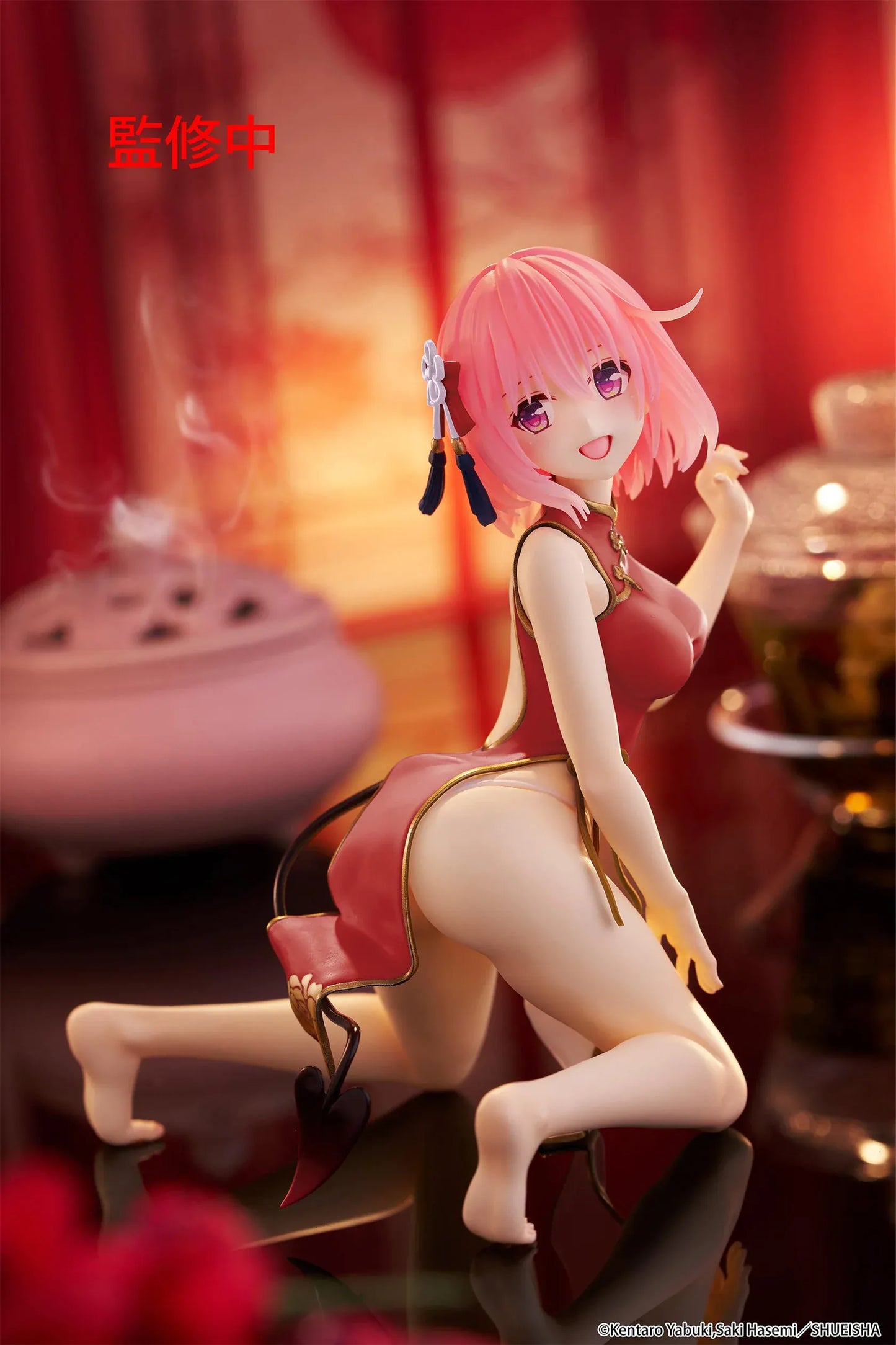 To Love-Ru Darkness Desktop Cute Momo Chinese Dress Ver. Figure Renewal featuring Momo with pink hair, red Chinese dress-style outfit, purple eyes, and kneeling pose.