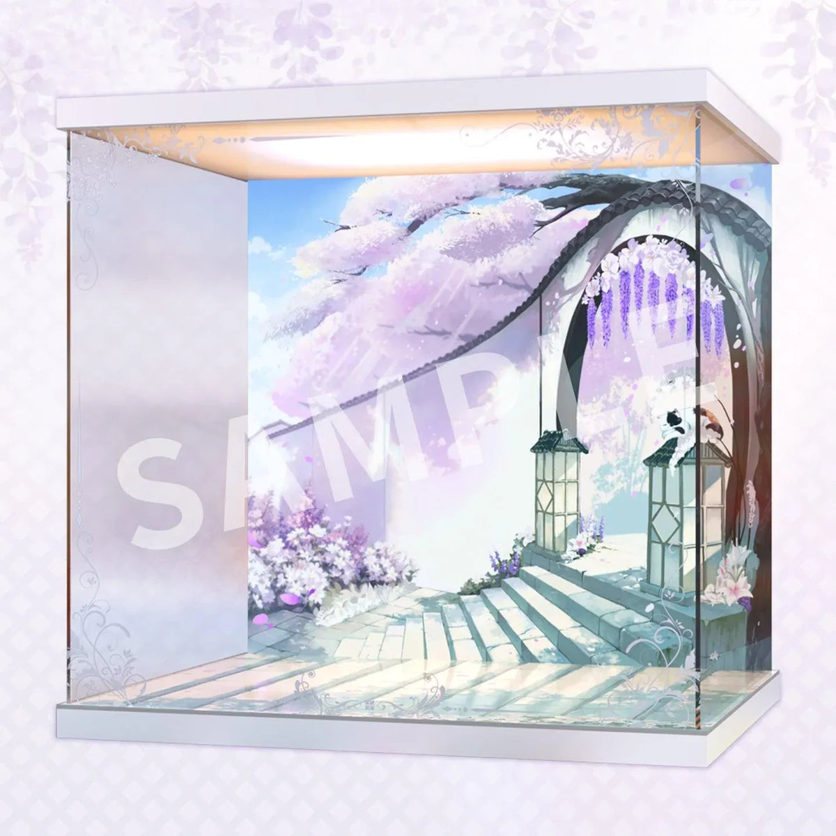 Azur Lane Musashi Purest Wisteria LED acrylic display case with white borders, overhead lighting, clear panels, and illustrated wisteria garden scenery.