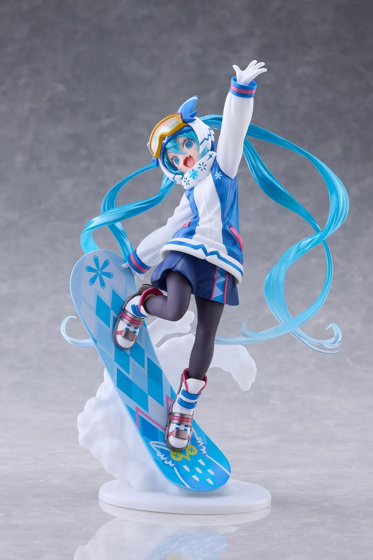 Snow Miku AMP+ All Stars 2016 Ver. figure posing on a blue patterned snowboard with goggles, flowing turquoise twin tails, and a snow effect base.