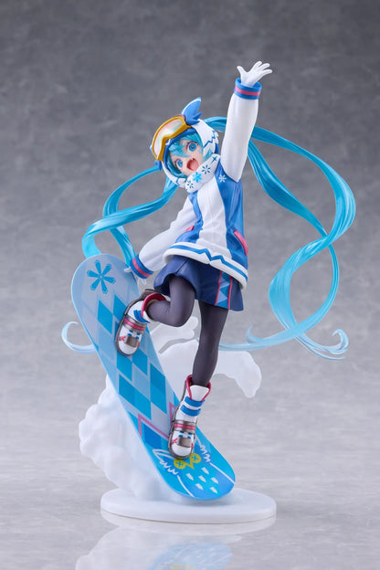 Snow Miku AMP+ All Stars 2016 Ver. figure posing on a blue patterned snowboard with goggles, flowing turquoise twin tails, and a snow effect base.
