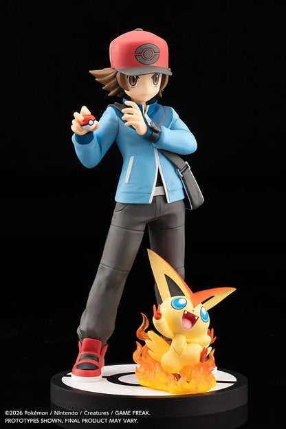 Pokemon ARTFX J Hilbert with Victini 1/8 scale figure featuring Hilbert holding a Poke Ball with Victini and flame effects