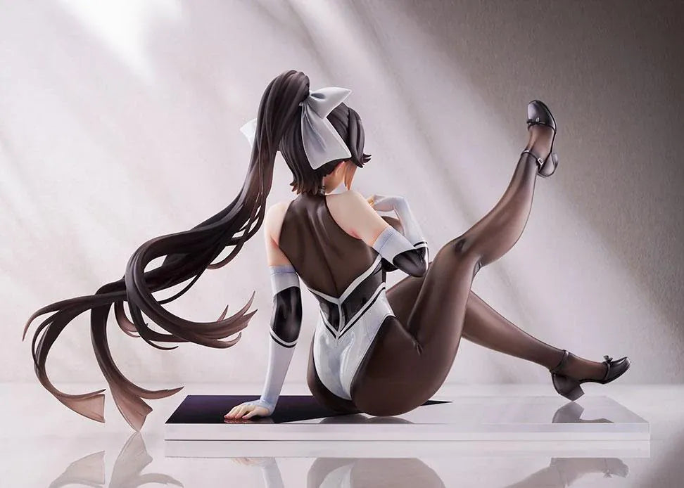 Azur Lane Takao Full Throttle Charmer figure seated with one leg raised, wearing a black and white outfit, dark stockings, and a white hair bow.