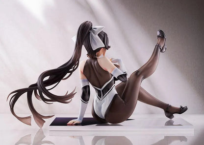 Azur Lane Takao Full Throttle Charmer figure seated with one leg raised, wearing a black and white outfit, dark stockings, and a white hair bow.