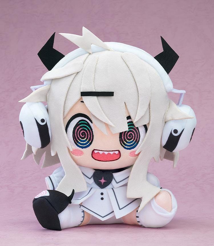 Yunyun Syndrome Rhythm Psychosis Plushie Qtie featuring Qtie in a soft chibi-style seated plush design with white hair, black horns, spiral eyes, and a white outfit.