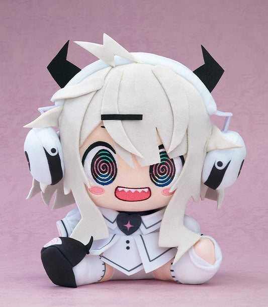 Yunyun Syndrome Rhythm Psychosis Plushie Qtie featuring Qtie in a soft chibi-style seated plush design with white hair, black horns, spiral eyes, and a white outfit.