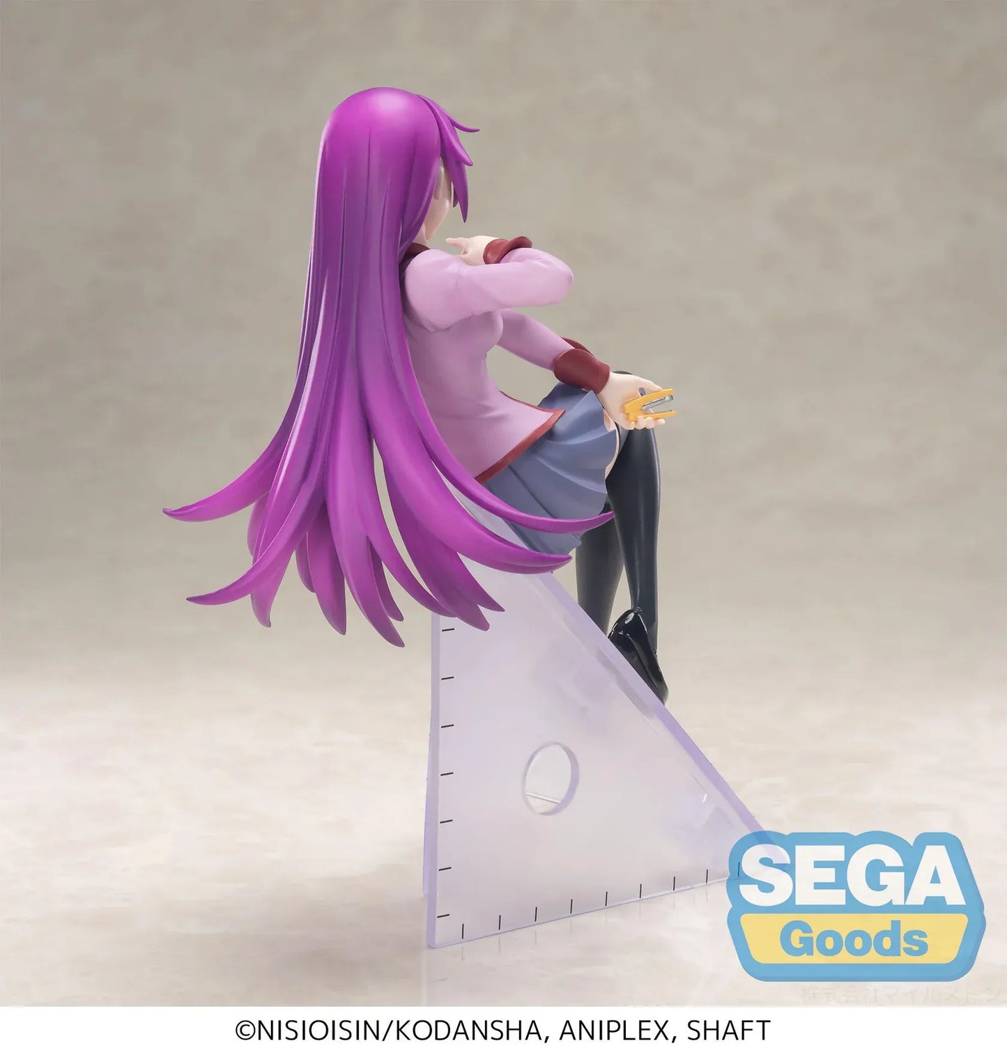 Monogatari Luminasta Hitagi Senjyogahara Figure with purple hair, school outfit, black stockings, and clear staircase display base