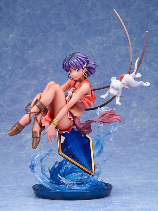 Nadia 1/7 scale figure in a red outfit with purple hair, a white lion companion, flowing ribbons, and swirling blue water effects.