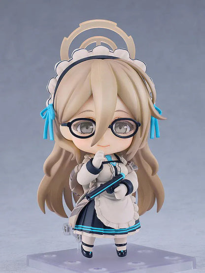 Chibi Nendoroid figure of Akane Murokasa from Blue Archive wearing a maid-style outfit with glasses and halo headpiece, holding a baton.