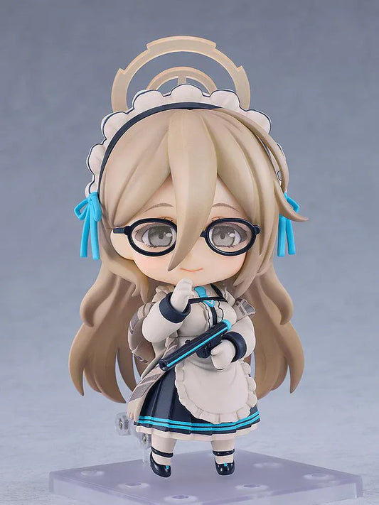 Chibi Nendoroid figure of Akane Murokasa from Blue Archive wearing a maid-style outfit with glasses and halo headpiece, holding a baton.