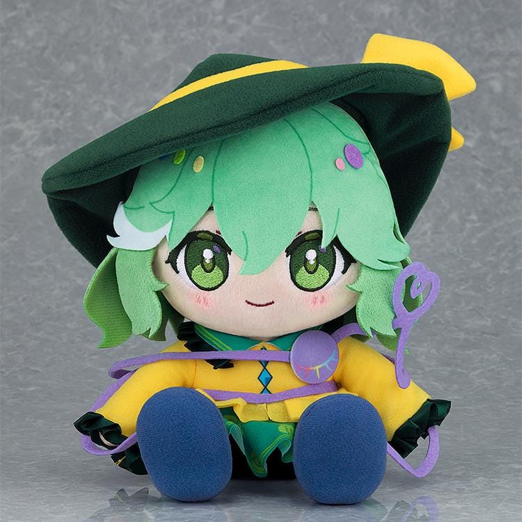 Touhou Lost Word Chocopuni Koishi Komeiji plush with mint-green hair, a green hat with yellow bow, yellow blouse, and purple eye motif.