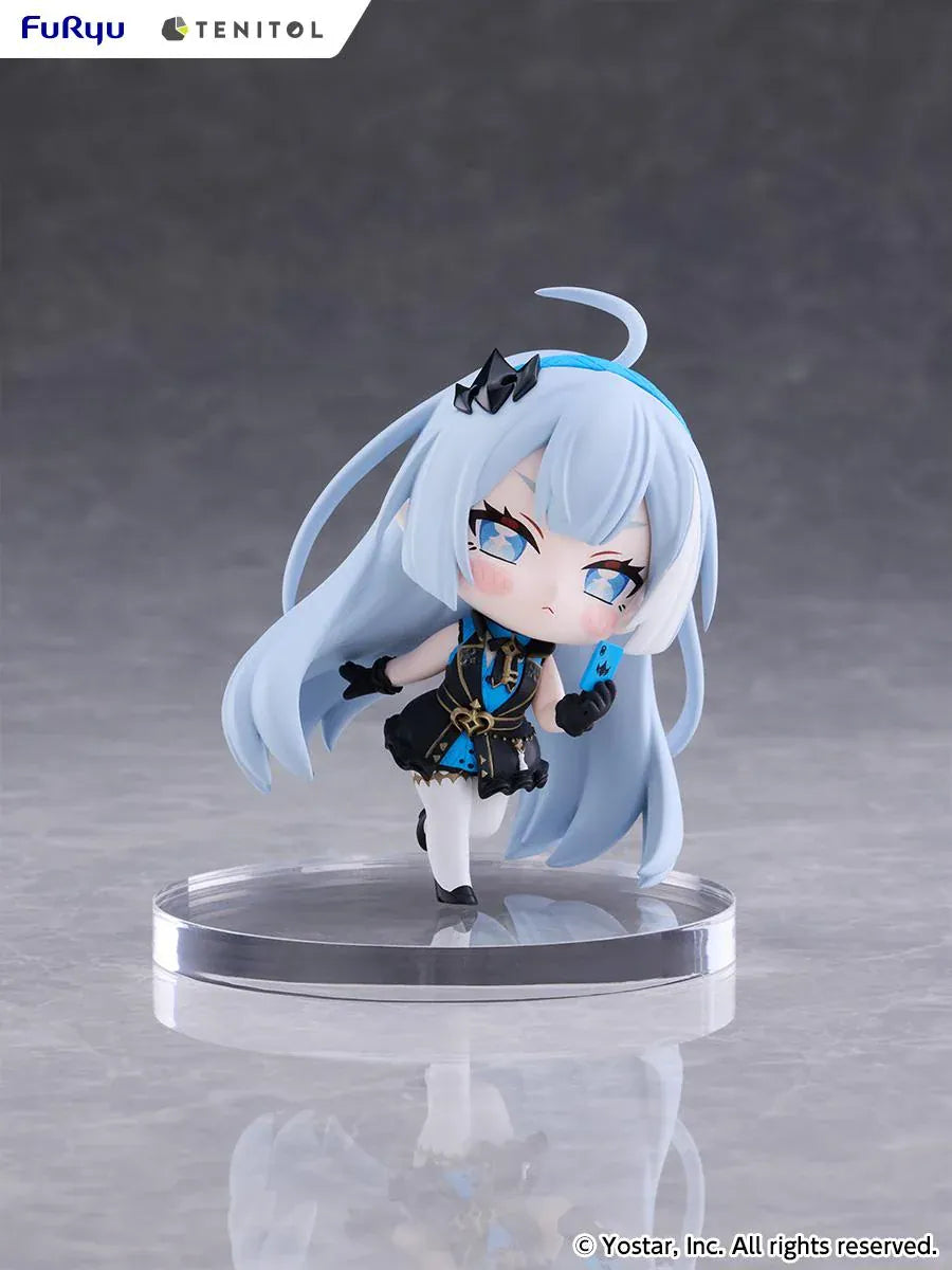 Stella Sora TENITOL Mini Tyrant Figure by FuRyu featuring a light-blue-haired anime girl with blue eyes wearing a black and blue outfit with gold accents, black gloves, and white stockings while holding a small blue device.