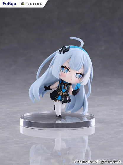 Stella Sora TENITOL Mini Tyrant Figure by FuRyu featuring a light-blue-haired anime girl with blue eyes wearing a black and blue outfit with gold accents, black gloves, and white stockings while holding a small blue device.