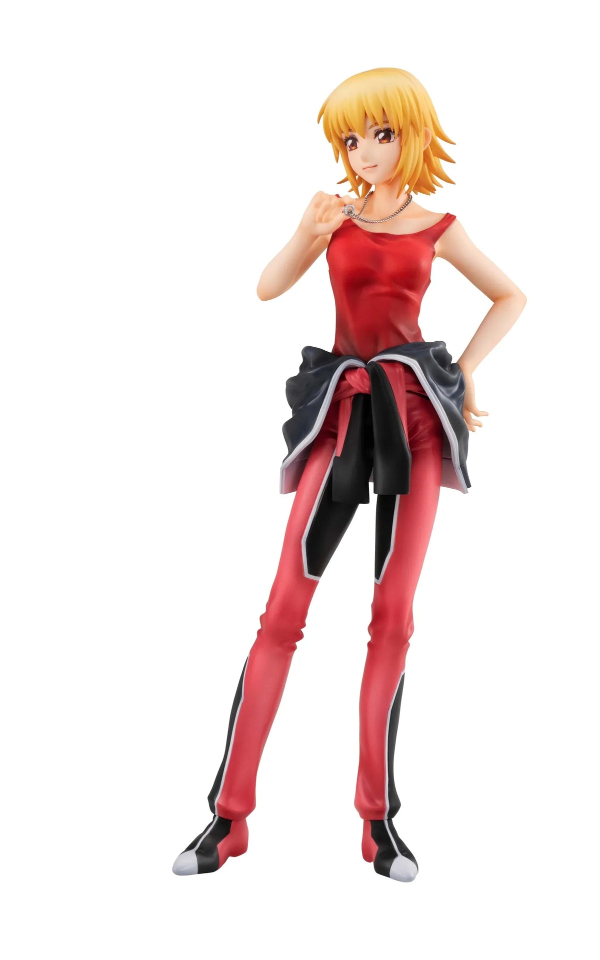Gundam Girls Generation Cagalli Yula Athha Pilot Suit Ver. figure wearing a red-and-black pilot suit with her jacket tied around her waist.