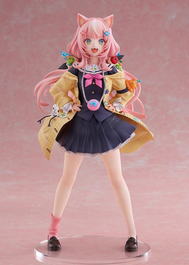 Nijisanji Yang Nari 1/7 scale figure with pink hair, cat ears, school uniform, and yellow coat standing in energetic pose