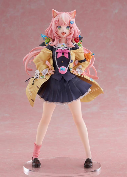 Nijisanji Yang Nari 1/7 scale figure with pink hair, cat ears, school uniform, and yellow coat standing in energetic pose