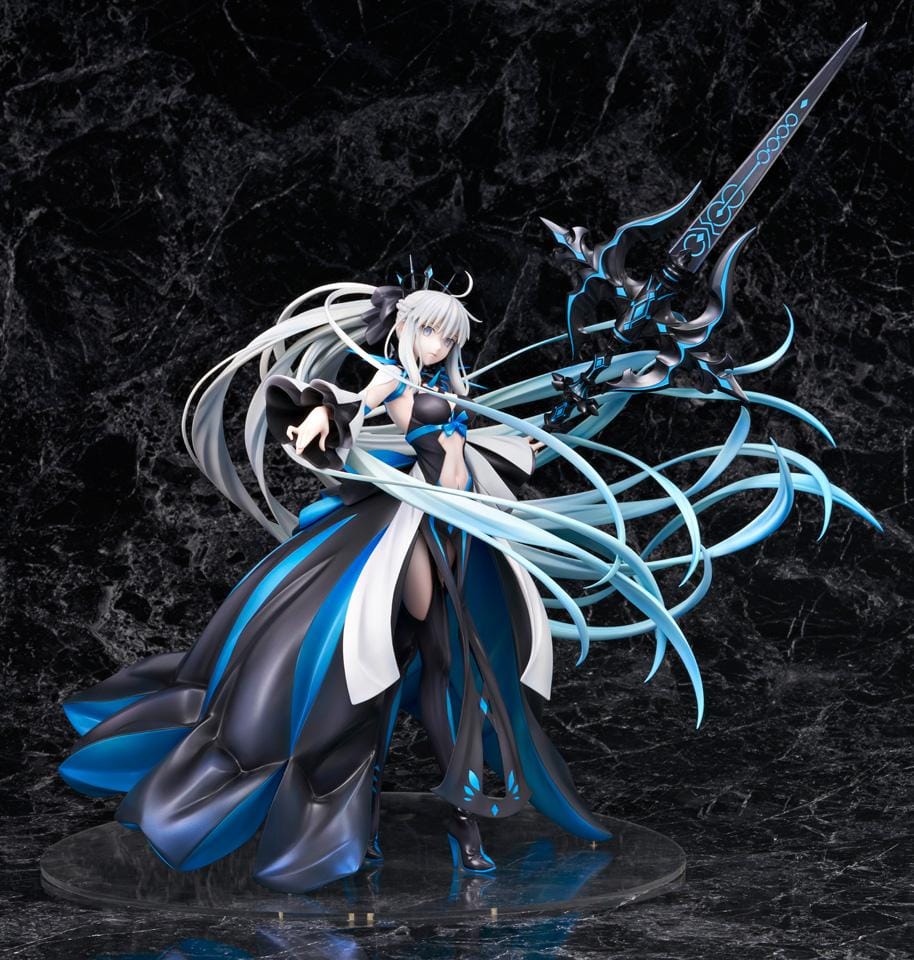 Fate Grand Order Berserker Morgan Le Fay Final Ascension Ver 1/7 Scale Figure with flowing silver hair and large black and blue weapon