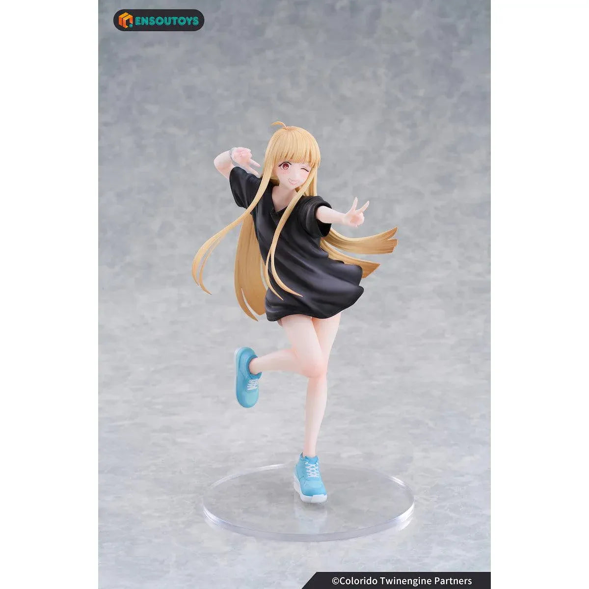 Kaguya In the Real World Ver. 1/7 scale figure with flowing blonde hair, a black outfit, blue sneakers, and a winking peace-sign pose.