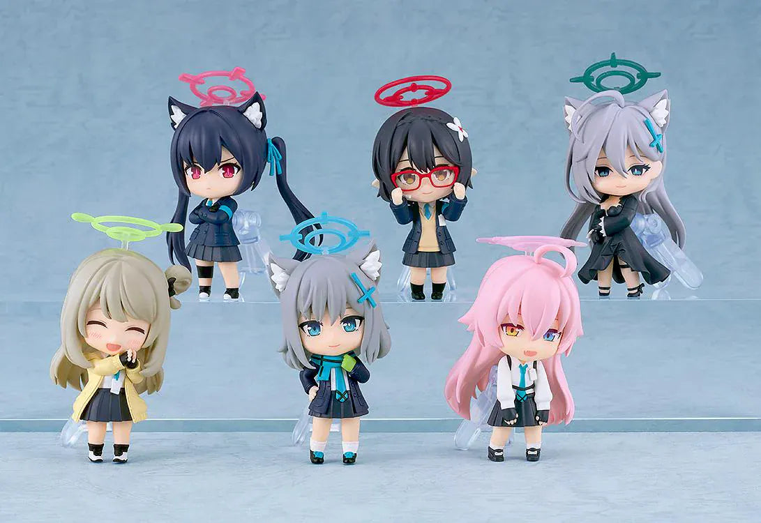 Blue Archive Nendoroid Surprise Boxset featuring multiple mini chibi-style Blue Archive characters with colorful halos, school uniforms, and display-ready poses.