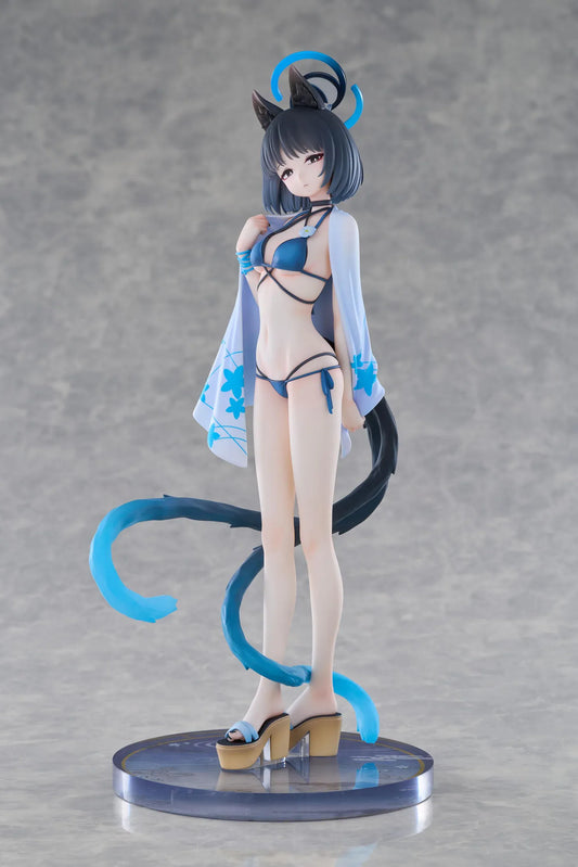 Blue Archive Kikyou Swimsuit 1/7 scale figure with a floral cover-up, pointed ears, blue halo, and twin tails on a circular base.