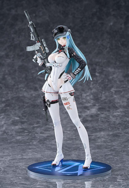 Girls' Frontline 2 Exilium Klukai Speed Star figure with light blue hair, a white and black outfit, cap, goggles, and rifle on a blue display base.