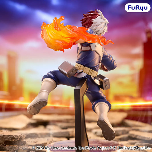 My Hero Academia You're Next Muchute Shoto Todoroki figure in a navy hero costume, posed with one knee raised and orange flames around his extended arm.