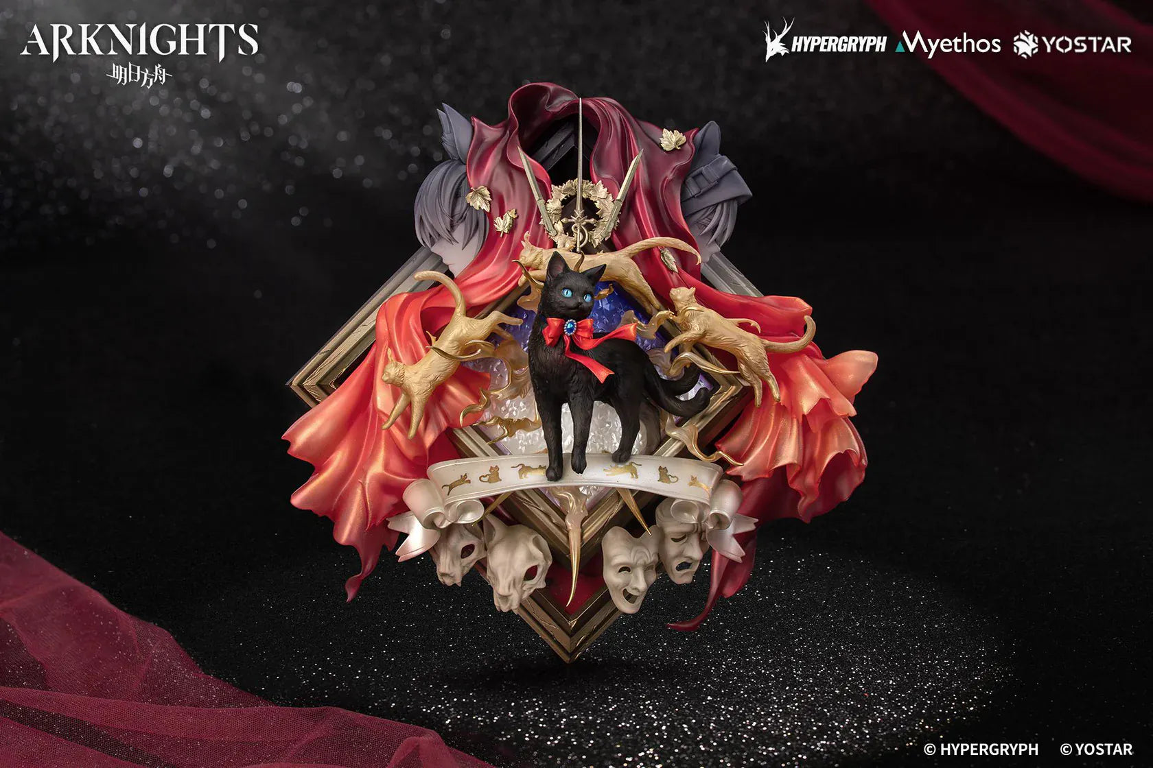 Arknights Miss Christine Elite 2 Ver. Diorama Non-Scale Figure with black cat, red bow, gold accents, theater masks, and red drapery