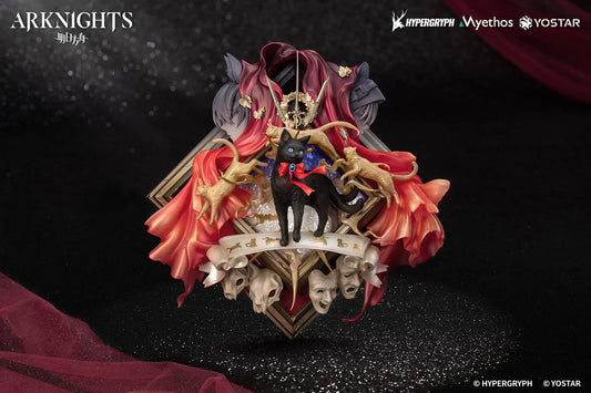 Arknights Miss Christine Elite 2 Ver. Diorama Non-Scale Figure with black cat, red bow, gold accents, theater masks, and red drapery