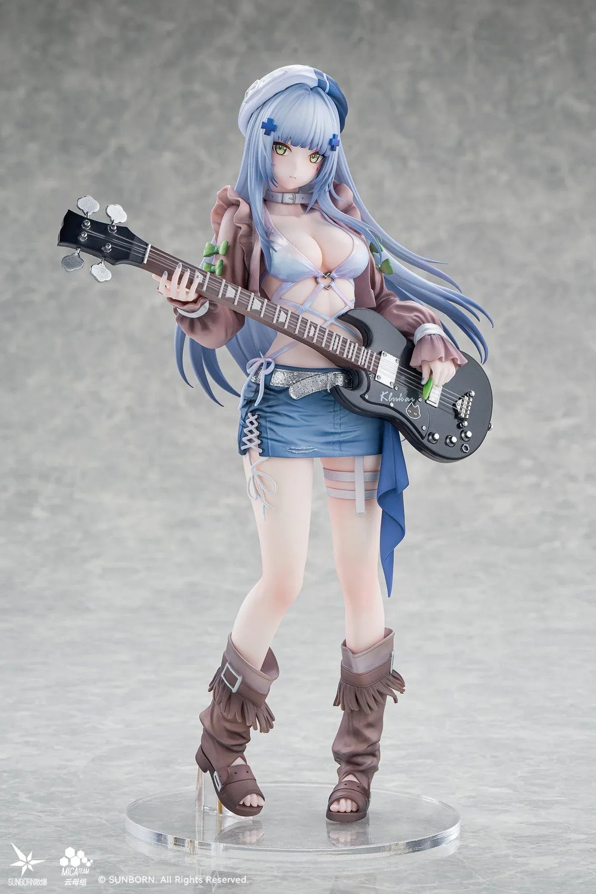 Girls' Frontline Klukai 10th Anniversary 1/6 scale figure with pale blue hair, a beret, brown jacket, blue skirt, and black bass guitar.