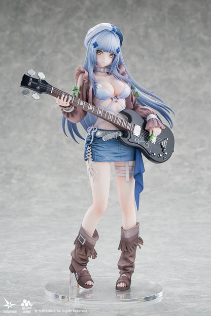 Girls' Frontline Klukai 10th Anniversary 1/6 scale figure with pale blue hair, a beret, brown jacket, blue skirt, and black bass guitar.